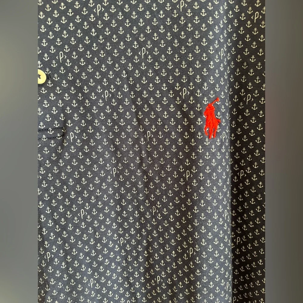Polo Ralph Lauren Shirt Men Polo 2XLT Blue Anchor Allover Print Nautical Preppy‎